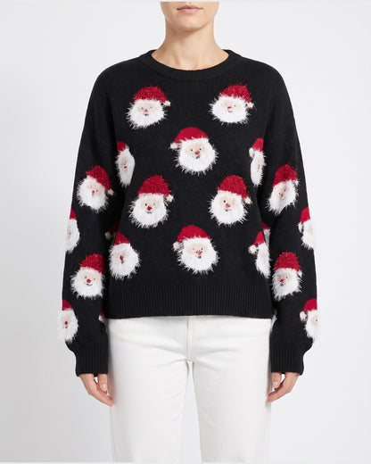 Cute Fuzzy Santa Christmas Pullover Sweater in Black