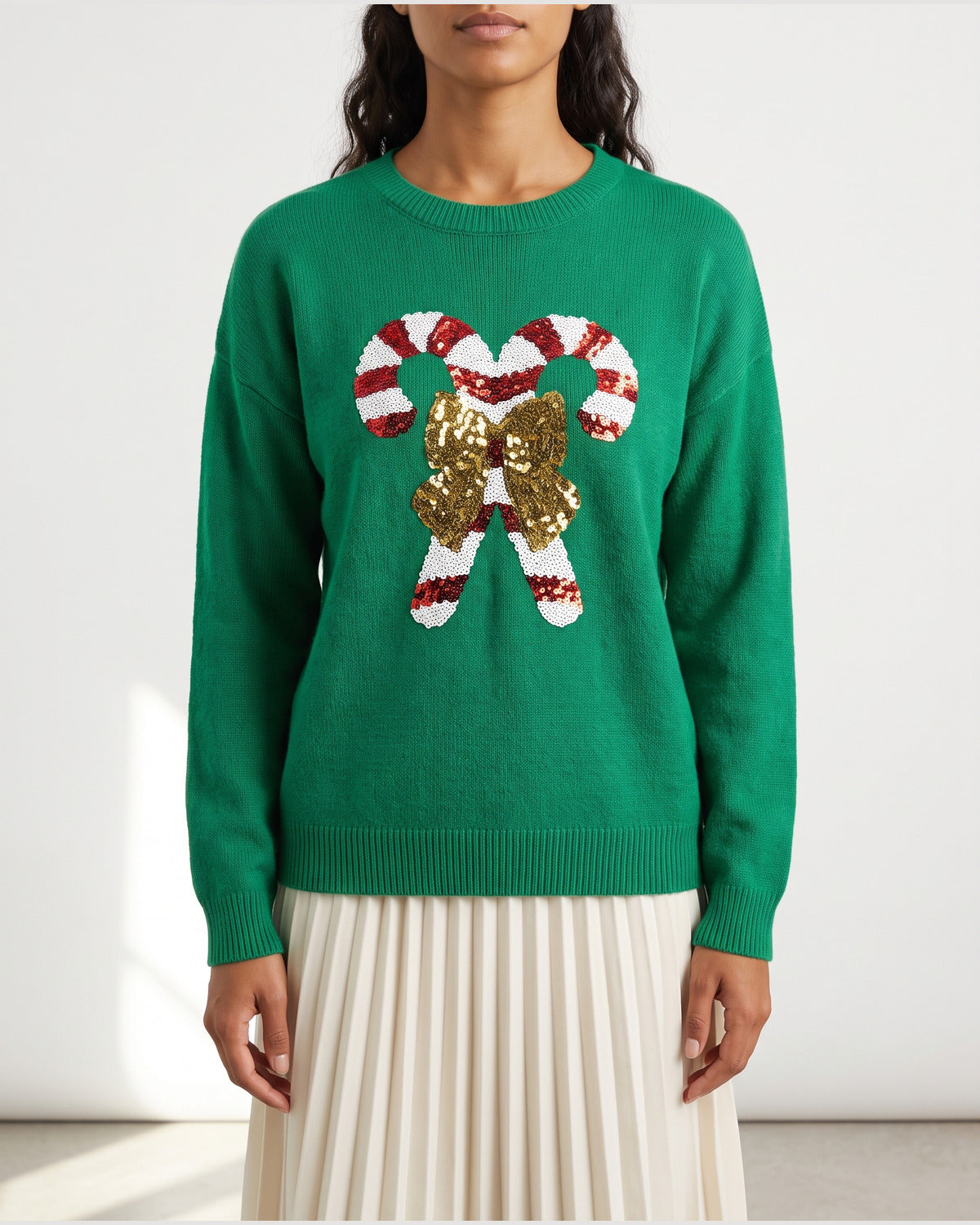 Cute Sequin Candy Cane Christmas Sweater With Crew Neck in Green