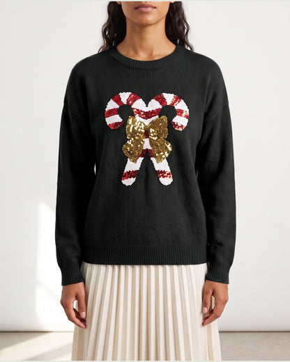 Cute Sequin Candy Cane Christmas Sweater With Crew Neck in Black