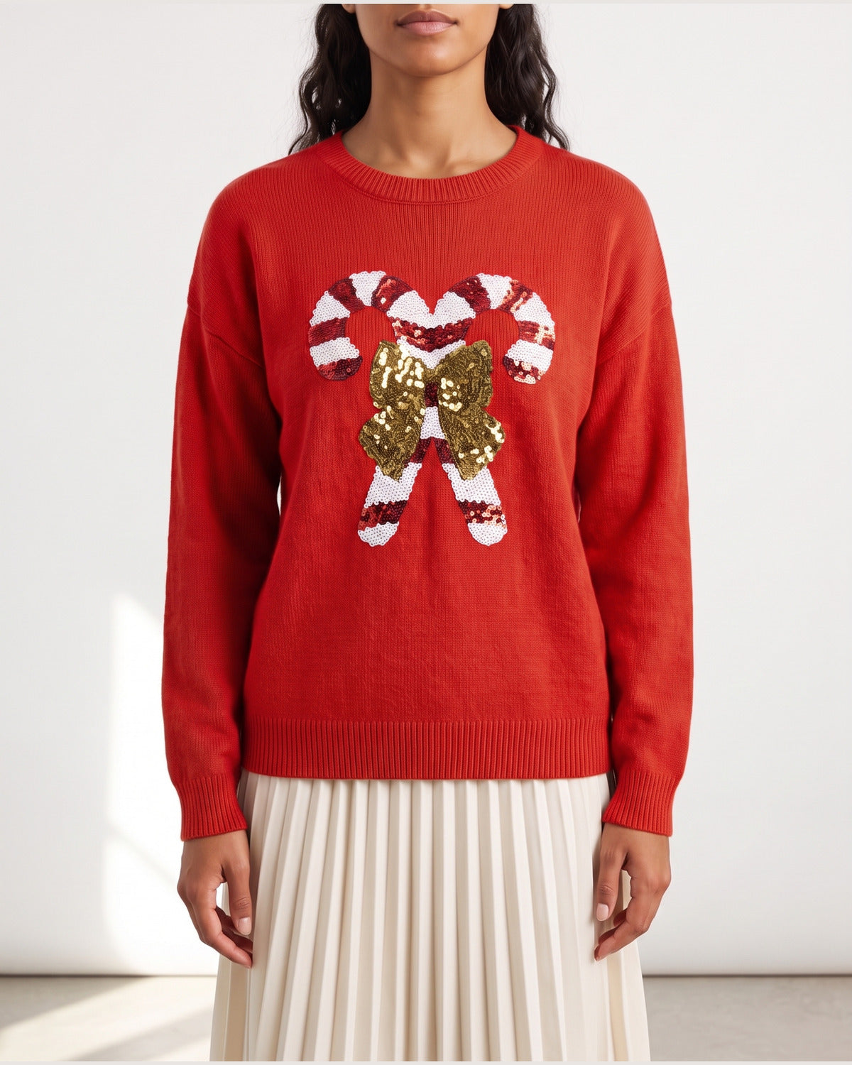 Cute Sequin Candy Cane Christmas Sweater With Crew Neck in Red