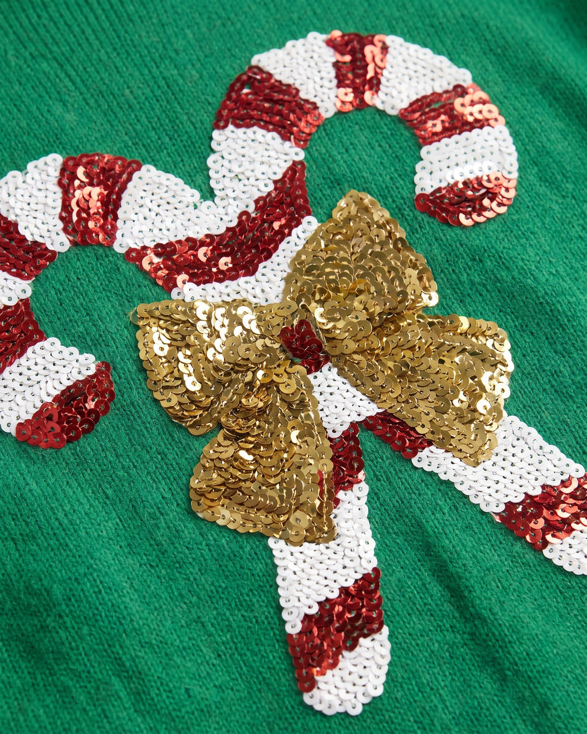 Cute Sequin Candy Cane Christmas Sweater With Crew Neck - close-up detail (Green)