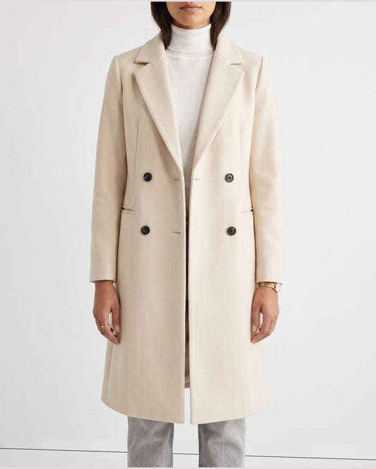 Double Breasted Long Pea Coat With Notch Lapels in Cream Ivory