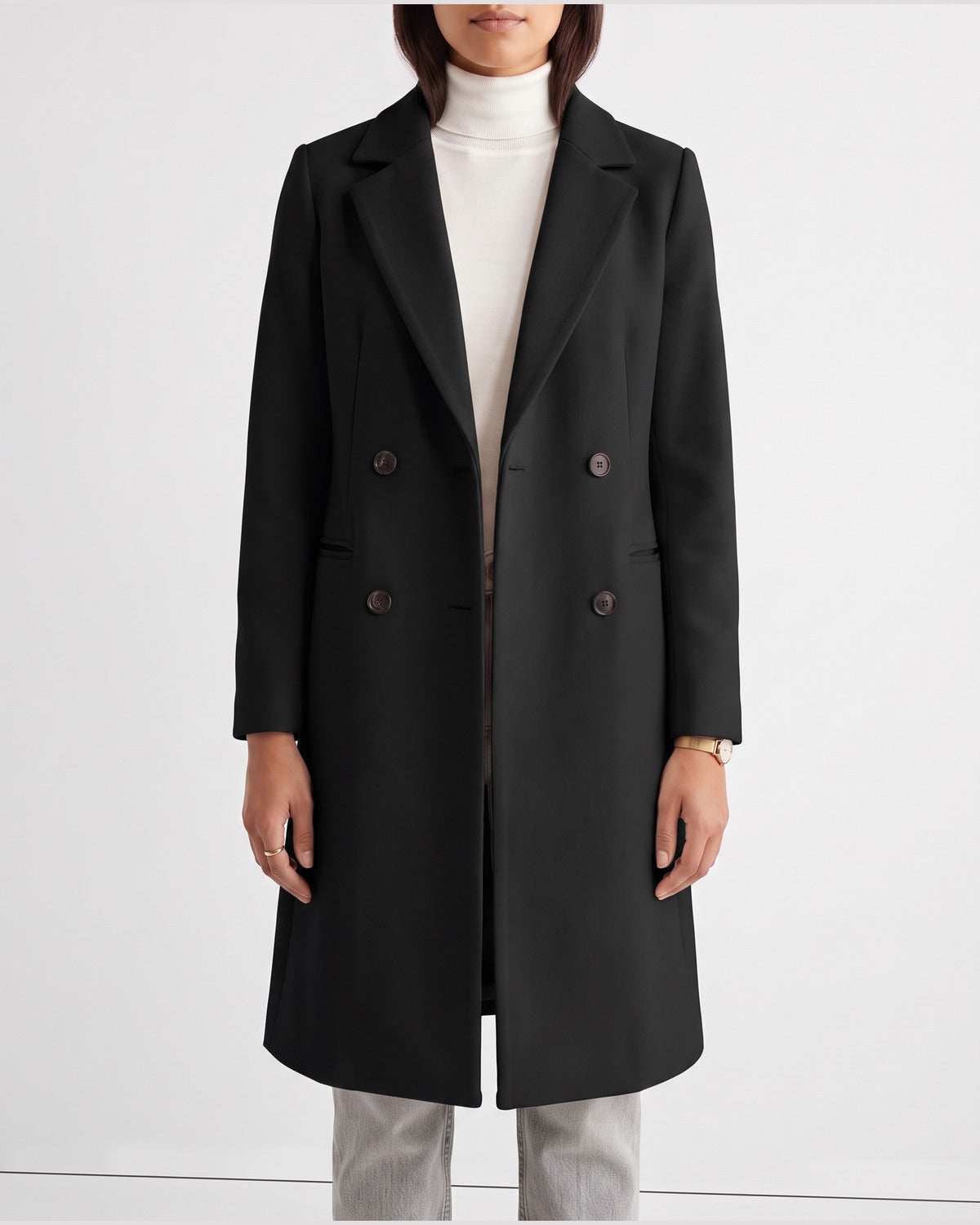 Double Breasted Long Pea Coat With Notch Lapels in Black