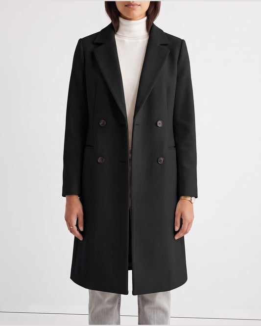 Double Breasted Long Pea Coat With Notch Lapels in Black