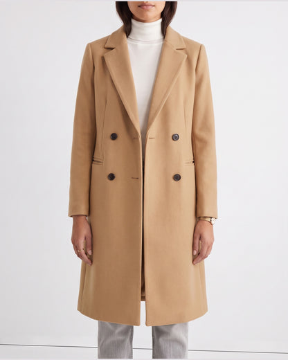 Double Breasted Long Pea Coat With Notch Lapels in Camel