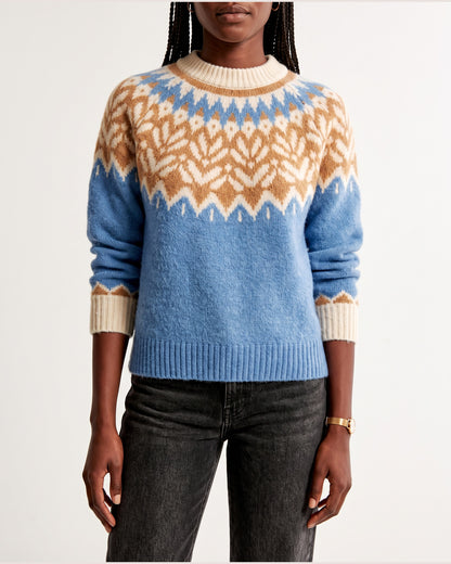 Fair Isle Yoke Pullover Sweater With Crew Neck in Blue