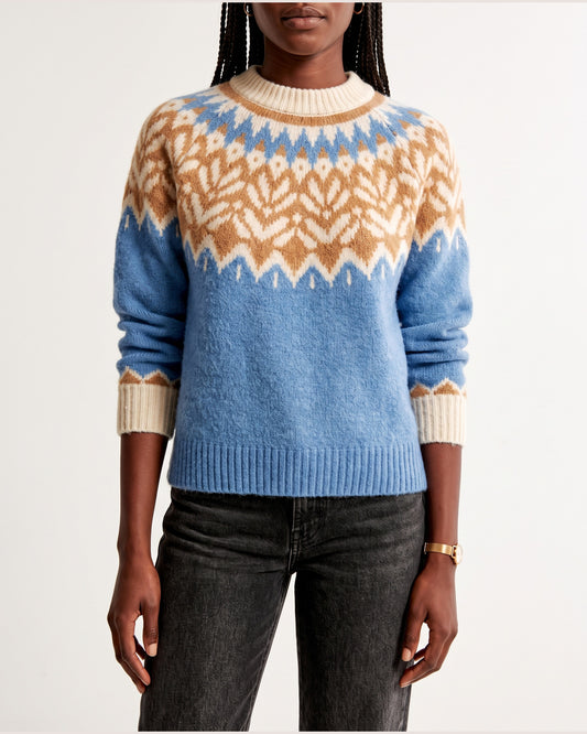 Fair Isle Yoke Pullover Sweater With Crew Neck in Blue