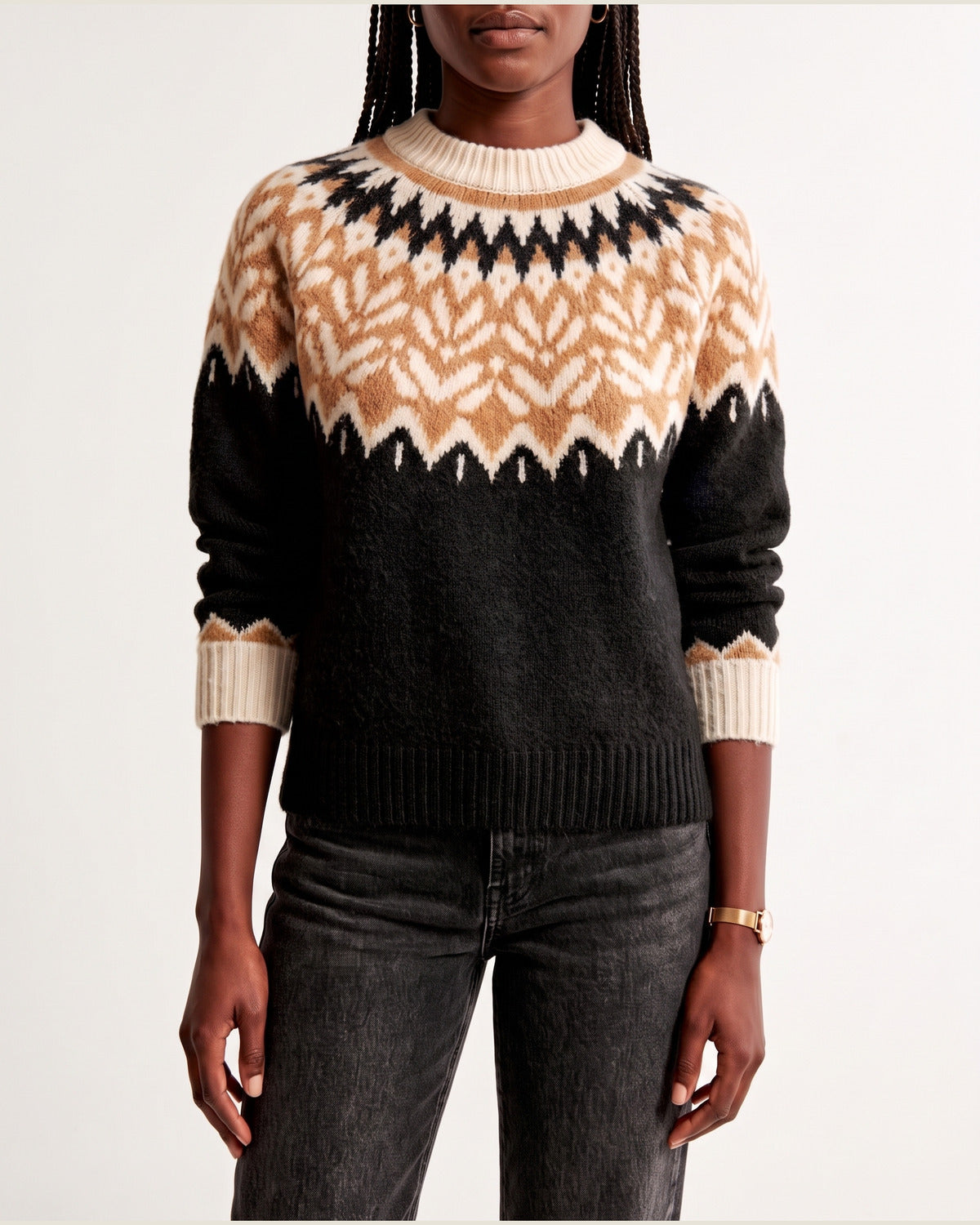 Fair Isle Yoke Pullover Sweater With Crew Neck in Black