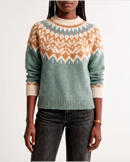Fair Isle Yoke Pullover Sweater With Crew Neck in Sage Green