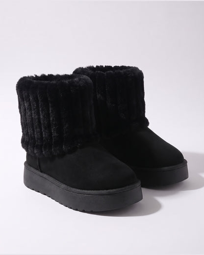 Faux Fur Cuff Platform Snow Boots in Black