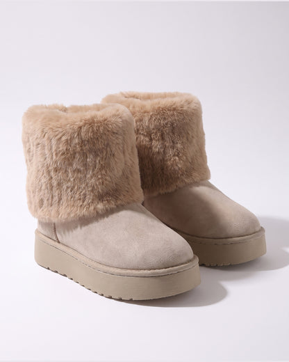 Faux Fur Cuff Platform Snow Boots in Khaki With Camel Fur