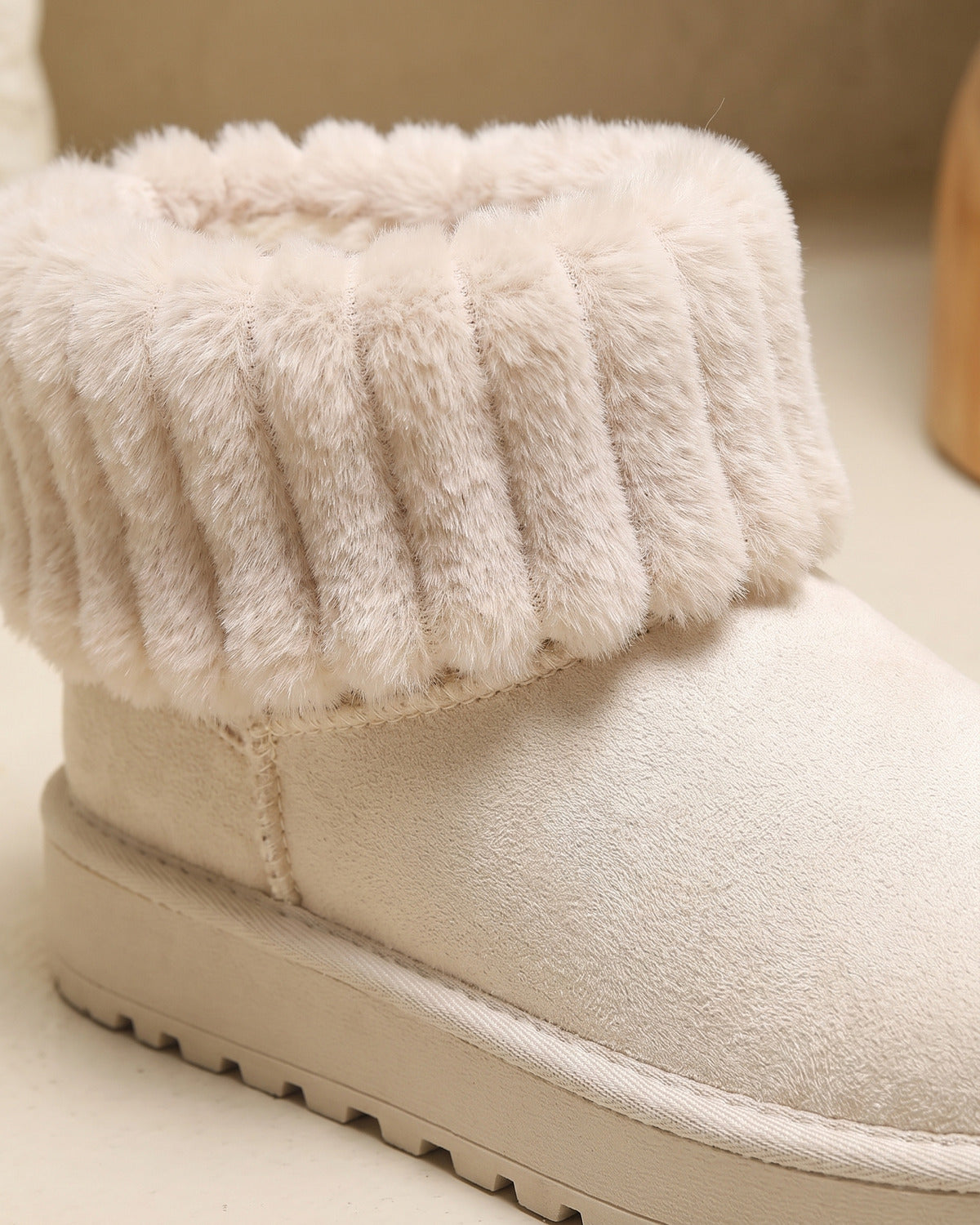 Faux Fur Cuff Platform Snow Boots - close-up detail (Off-white Cream)