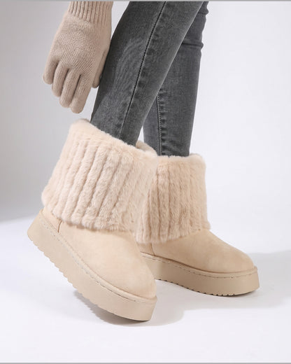 Faux Fur Cuff Platform Snow Boots - worn view (Off-white Cream)
