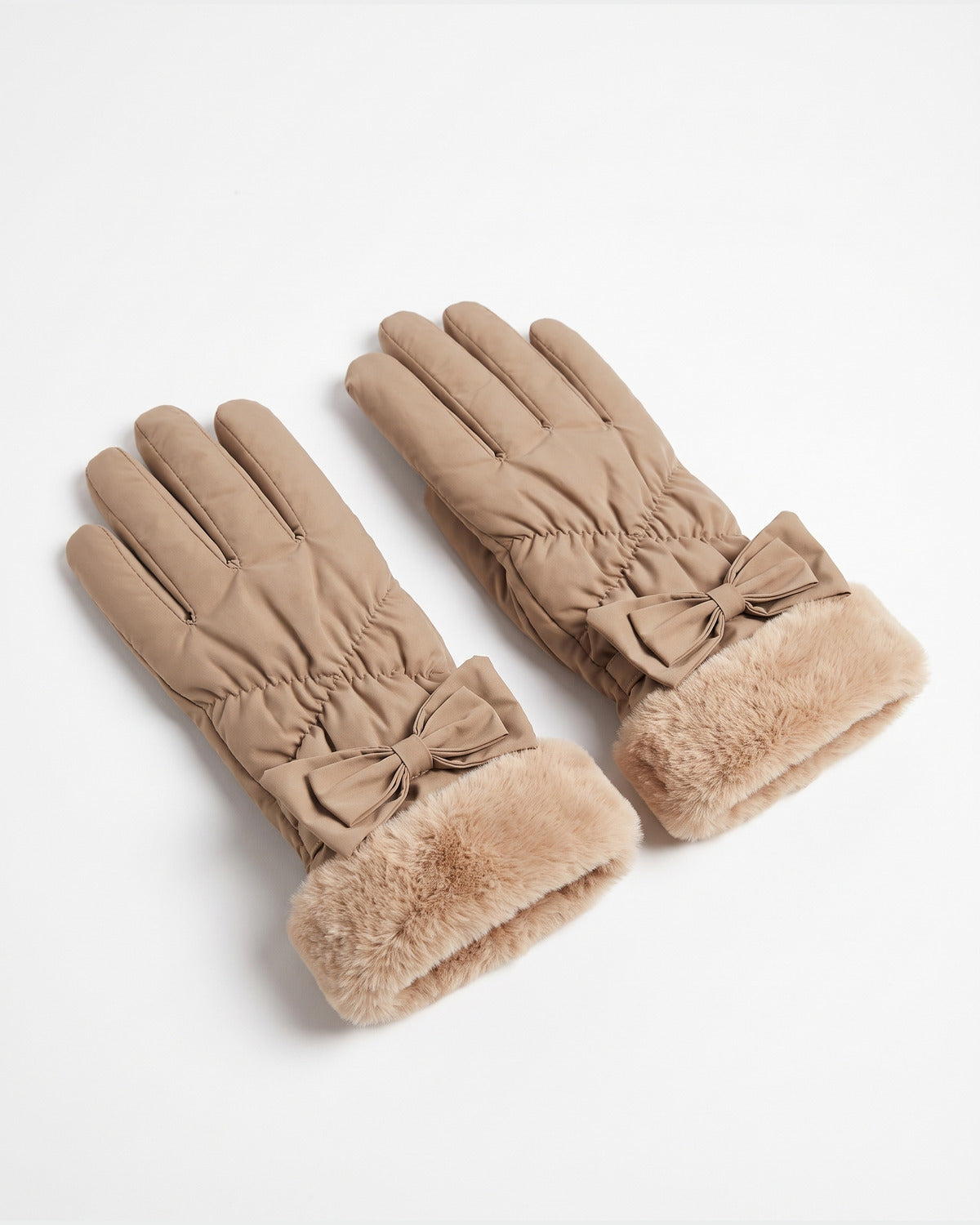 Faux Fur Cuff Winter Gloves With Bow and Touch Screen Tips in Khaki Taupe