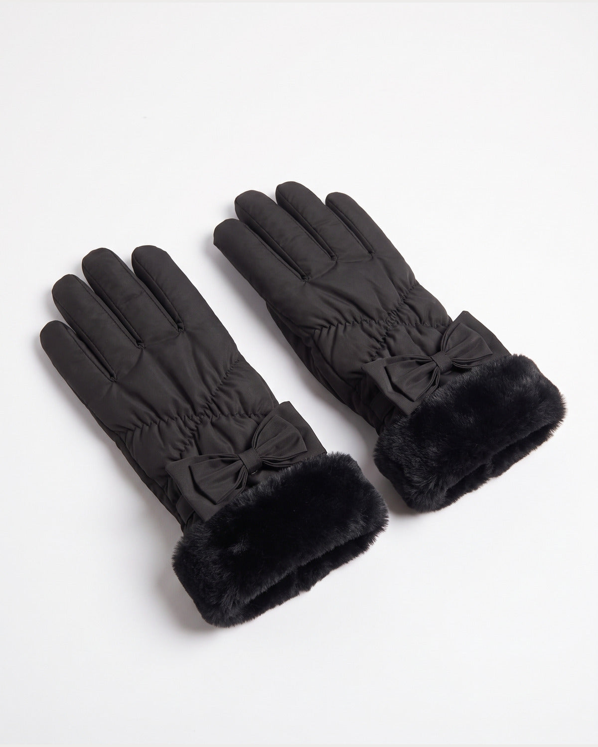Faux Fur Cuff Winter Gloves With Bow and Touch Screen Tips in Black