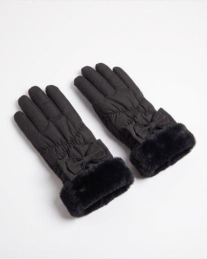 Faux Fur Cuff Winter Gloves With Bow and Touch Screen Tips in Black