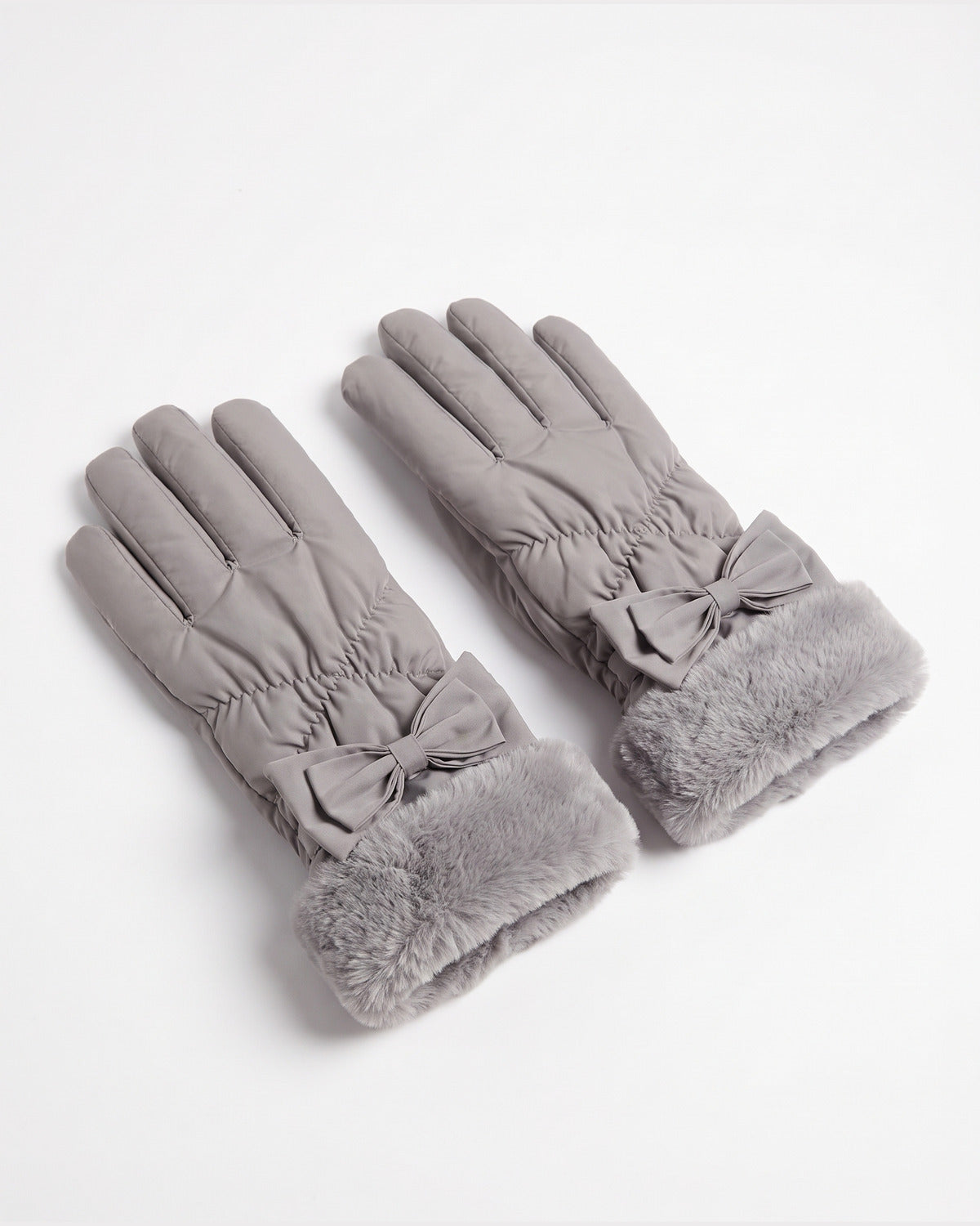 Faux Fur Cuff Winter Gloves With Bow and Touch Screen Tips in Grey