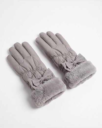 Faux Fur Cuff Winter Gloves With Bow and Touch Screen Tips in Grey