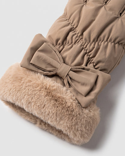 Faux Fur Cuff Winter Gloves With Bow and Touch Screen Tips - close-up detail (Khaki Taupe)