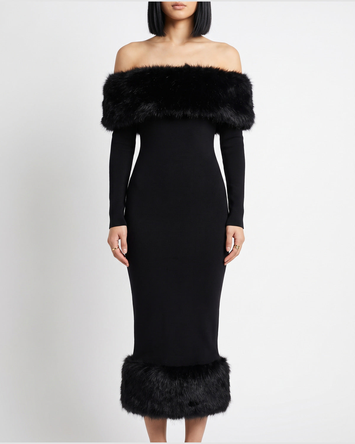 Faux Fur Trim Winter Formal Dress With Long Sleeves in Black