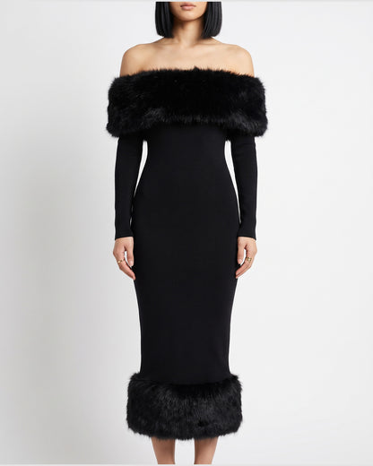 Faux Fur Trim Winter Formal Dress With Long Sleeves in Black