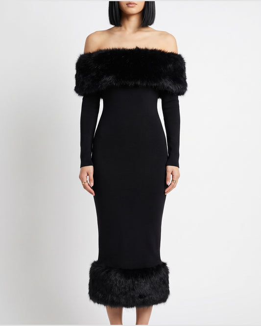 Faux Fur Trim Winter Formal Dress With Long Sleeves in Black