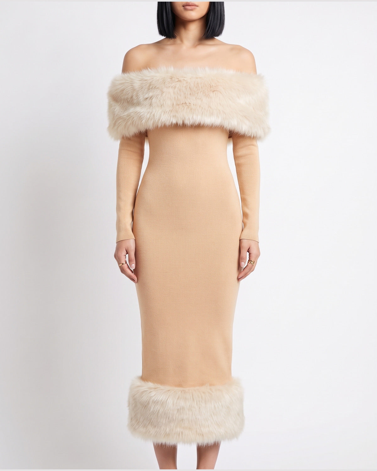 Faux Fur Trim Winter Formal Dress With Long Sleeves in Apricot With Cream Fur