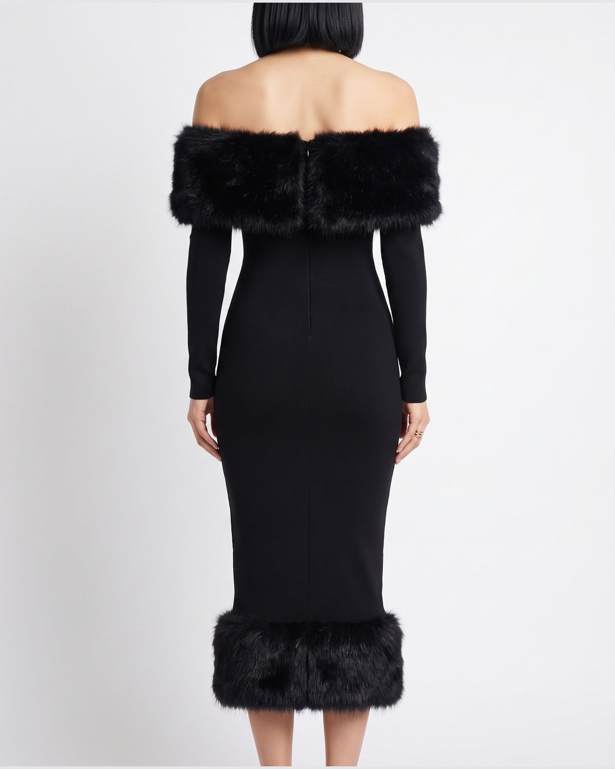 Faux Fur Trim Winter Formal Dress With Long Sleeves - back view (Black)
