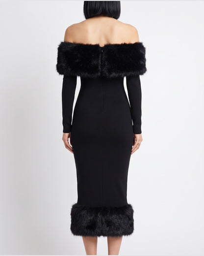 Faux Fur Trim Winter Formal Dress With Long Sleeves - back view (Black)