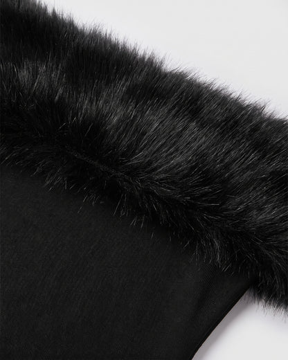 Faux Fur Trim Winter Formal Dress With Long Sleeves - close-up detail (Black)