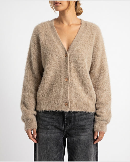 Fuzzy Oversized V Neck Cardigan Sweater in Khaki