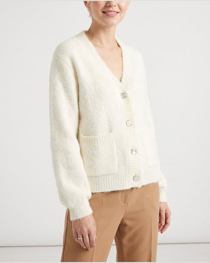 Fuzzy V Neck Short Cardigan Sweater With Pockets in Off-white