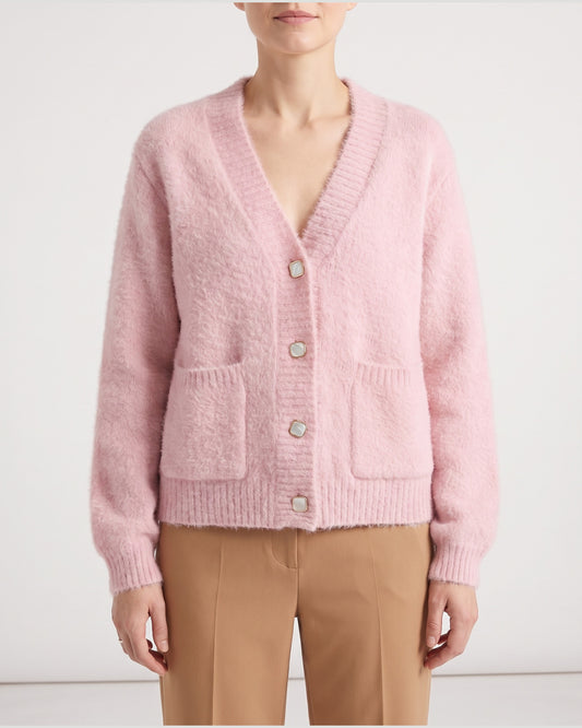Fuzzy V Neck Short Cardigan Sweater With Pockets in Pink