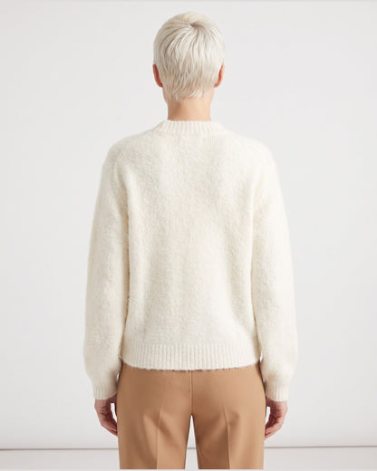 Fuzzy V Neck Short Cardigan Sweater With Pockets - back view (Off-white)