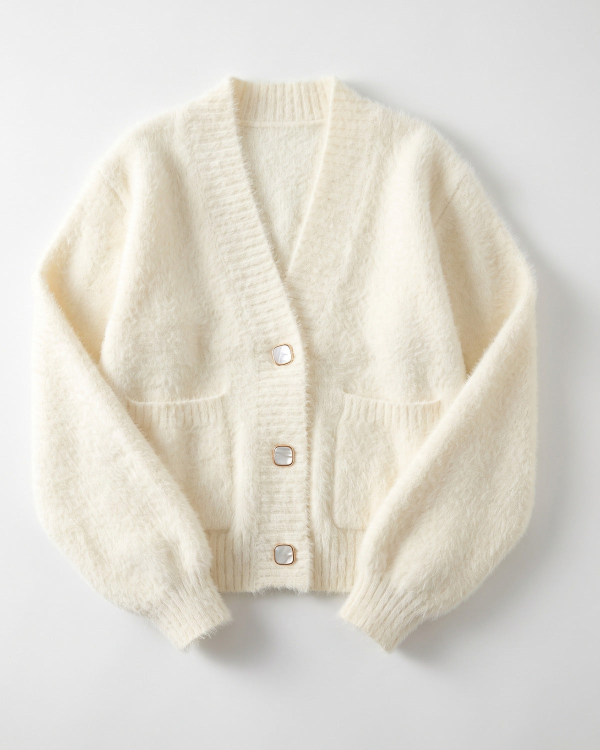 Fuzzy V Neck Short Cardigan Sweater With Pockets - flat lay (Off-white)