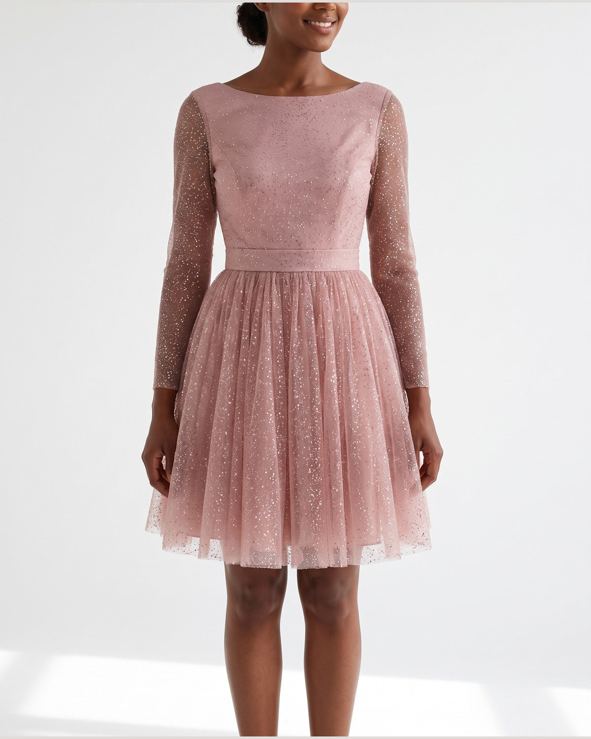 Glitter Tulle Winter Cocktail Dress With Long Sleeves in Dusty Pink