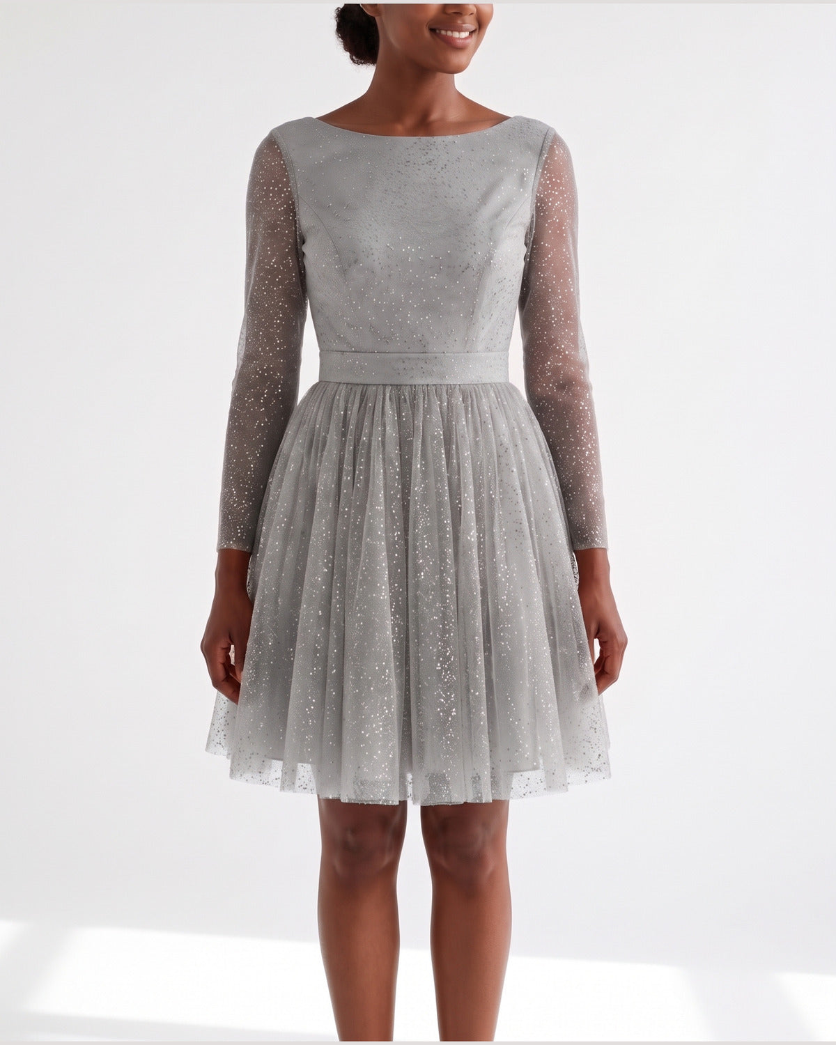 Glitter Tulle Winter Cocktail Dress With Long Sleeves in Grey