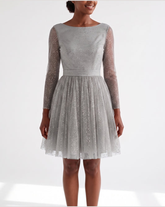 Glitter Tulle Winter Cocktail Dress With Long Sleeves in Grey