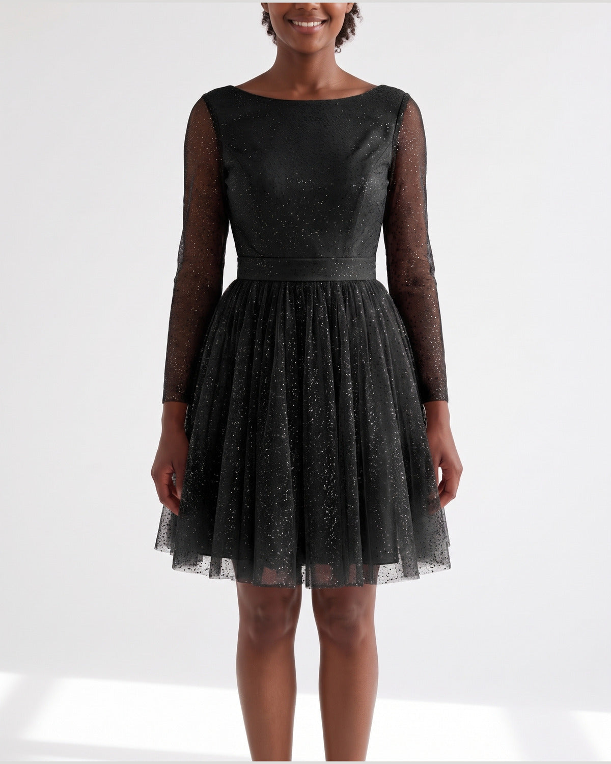 Glitter Tulle Winter Cocktail Dress With Long Sleeves in Black