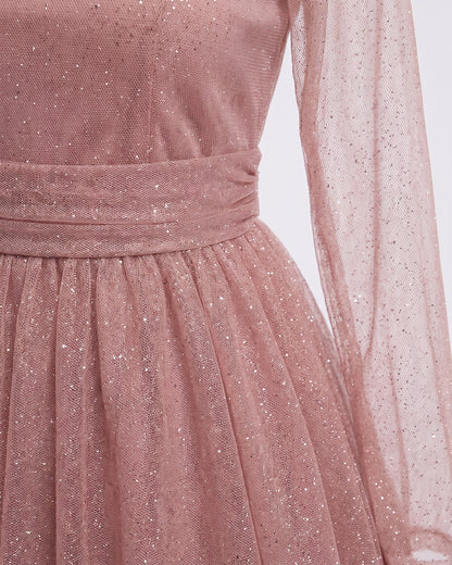 Glitter Tulle Winter Cocktail Dress With Long Sleeves - close-up detail (Dusty Pink)