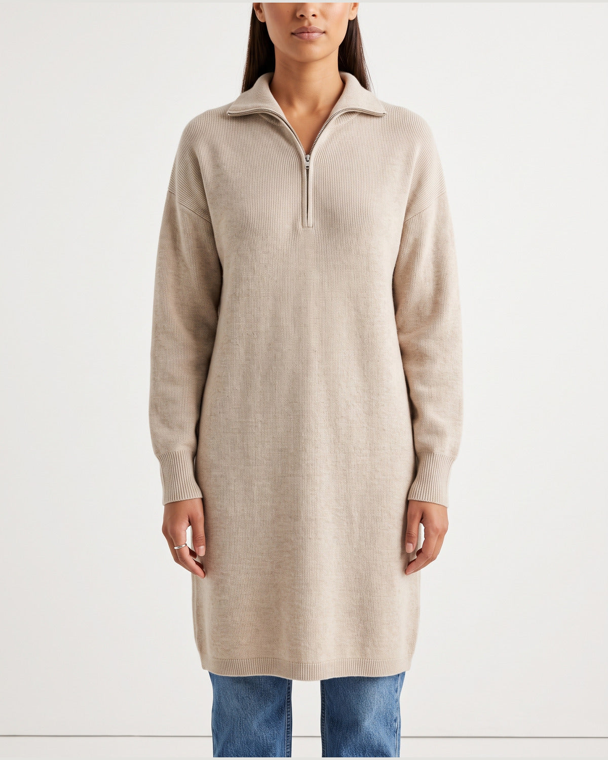 Half Zip Ribbed Long Sweater Dress With Stand Collar in Oatmeal Beige