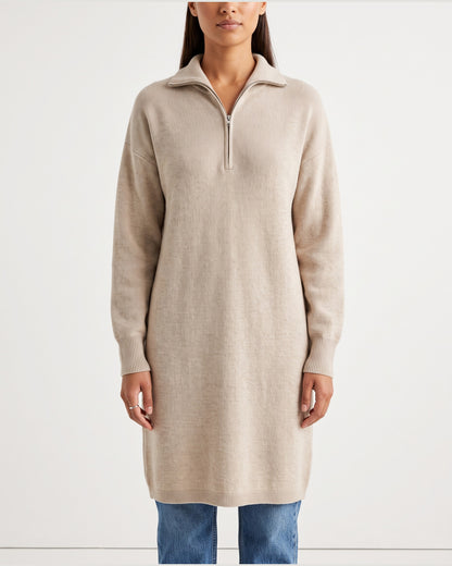 Half Zip Ribbed Long Sweater Dress With Stand Collar in Oatmeal Beige