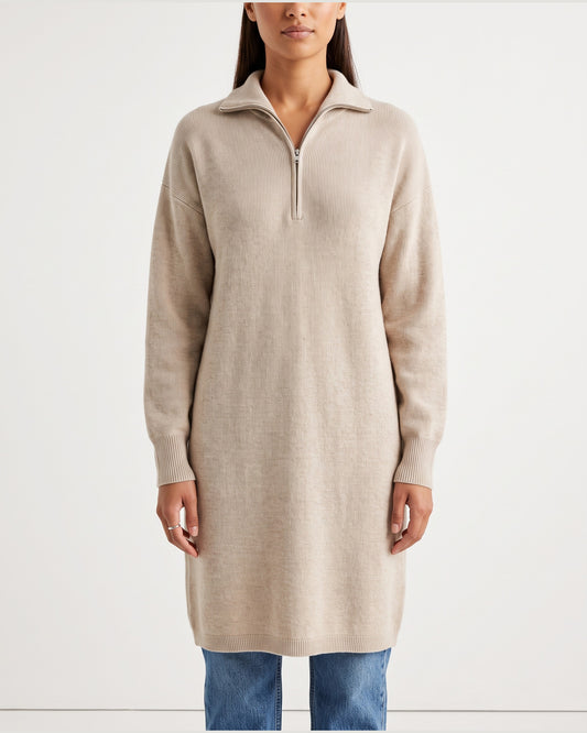 Half Zip Ribbed Long Sweater Dress With Stand Collar in Oatmeal Beige