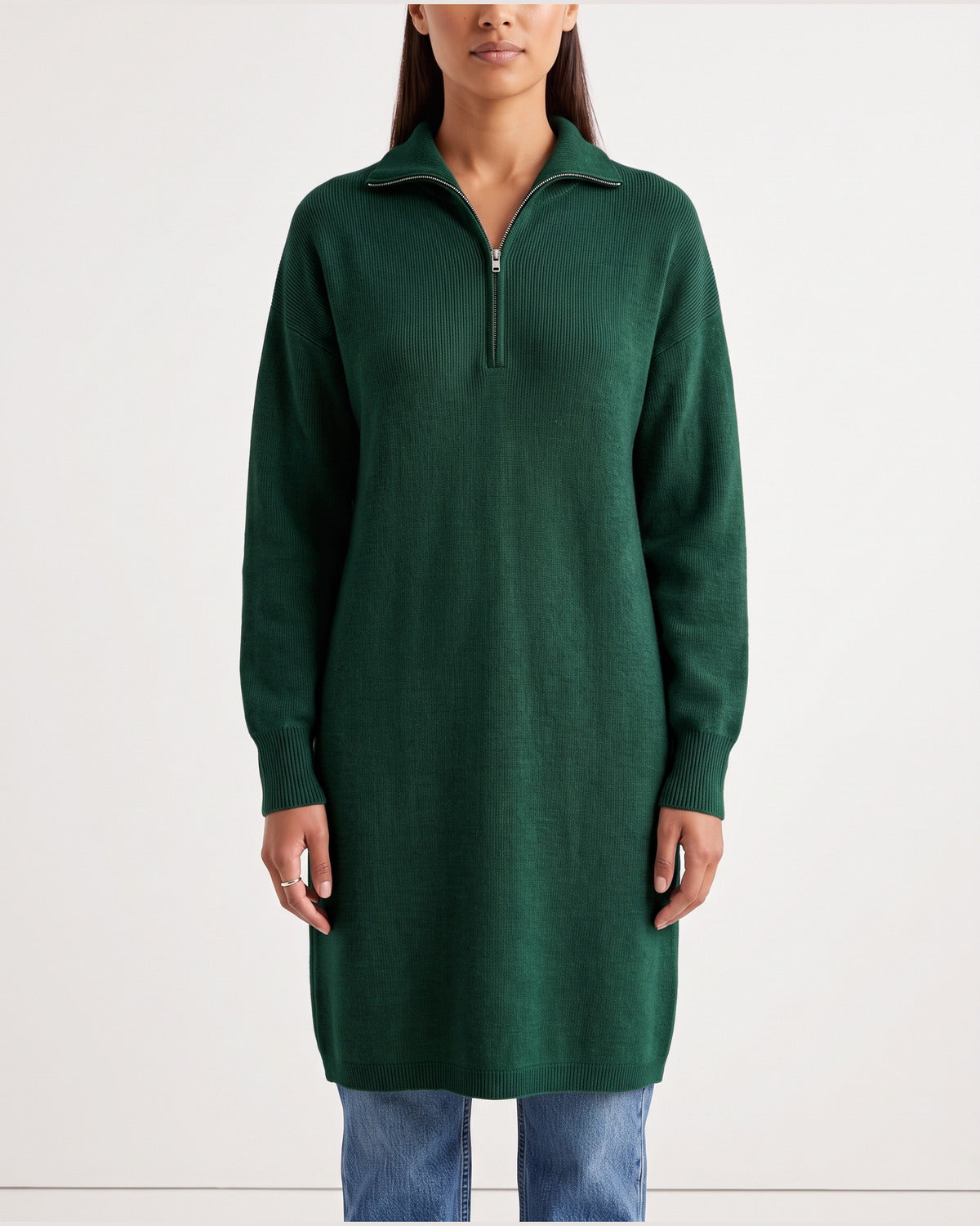 Half Zip Ribbed Long Sweater Dress With Stand Collar in Dark Green