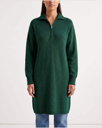 Half Zip Ribbed Long Sweater Dress With Stand Collar in Dark Green