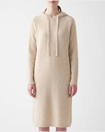 Hooded Ribbed Midi Sweater Dress With Drawstring in Oatmeal Beige