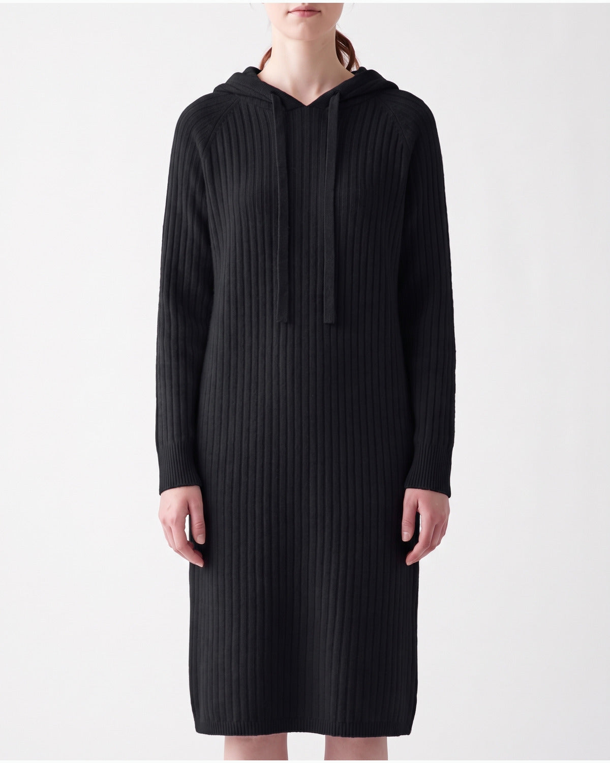 Hooded Ribbed Midi Sweater Dress With Drawstring in Black