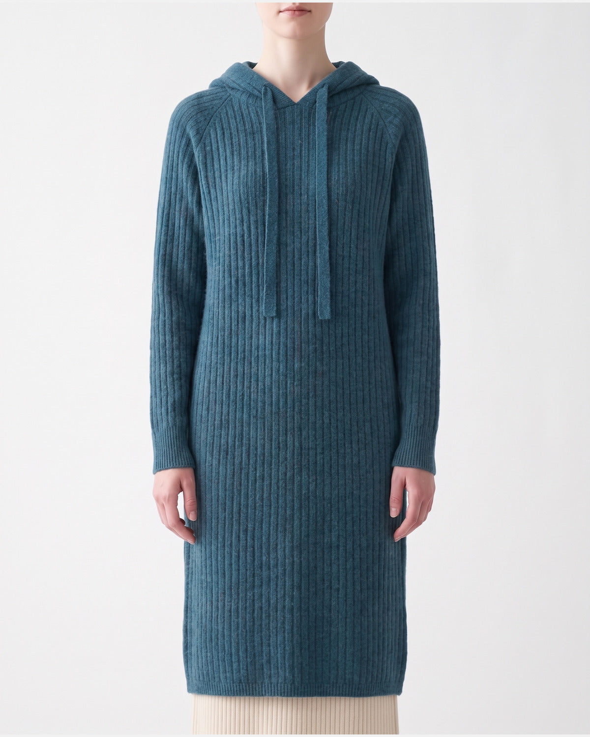Hooded Ribbed Midi Sweater Dress With Drawstring in Teal Blue