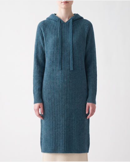 Hooded Ribbed Midi Sweater Dress With Drawstring in Teal Blue