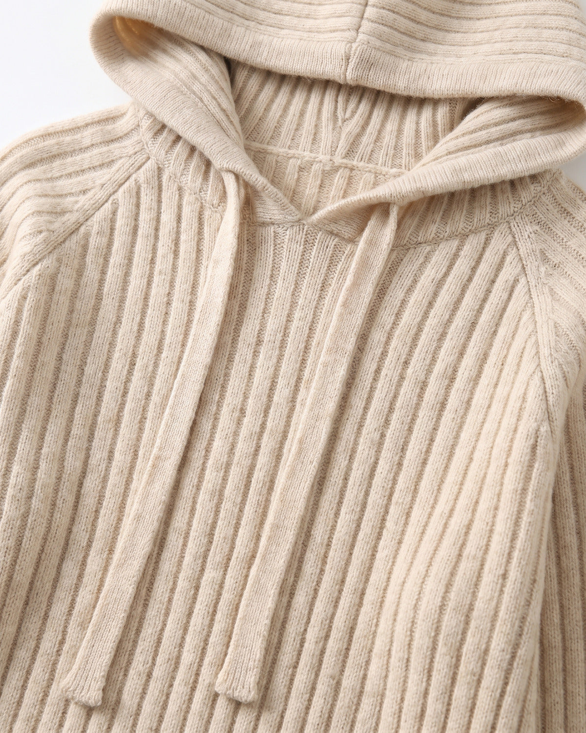 Hooded Ribbed Midi Sweater Dress With Drawstring - close-up detail (Oatmeal Beige)